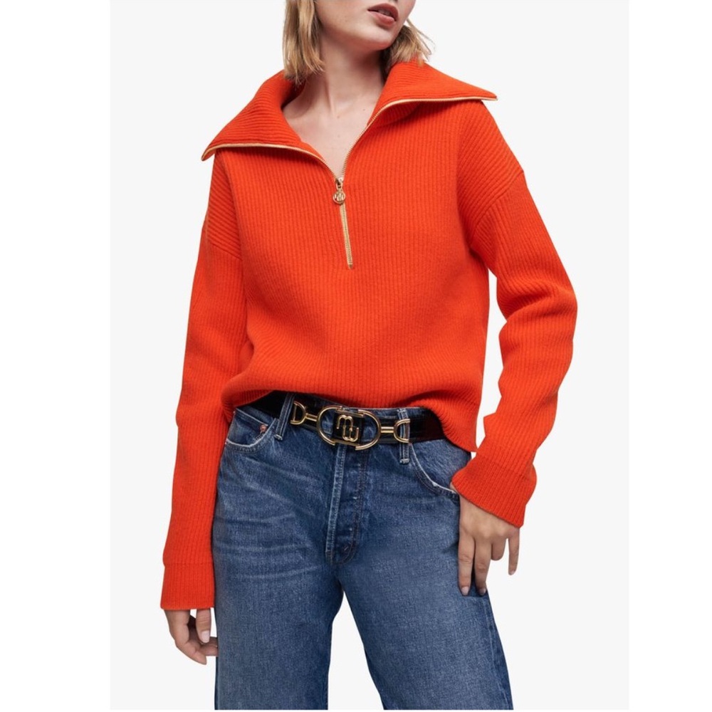Maje Orange Wool Blend Shawl Collar Sweater